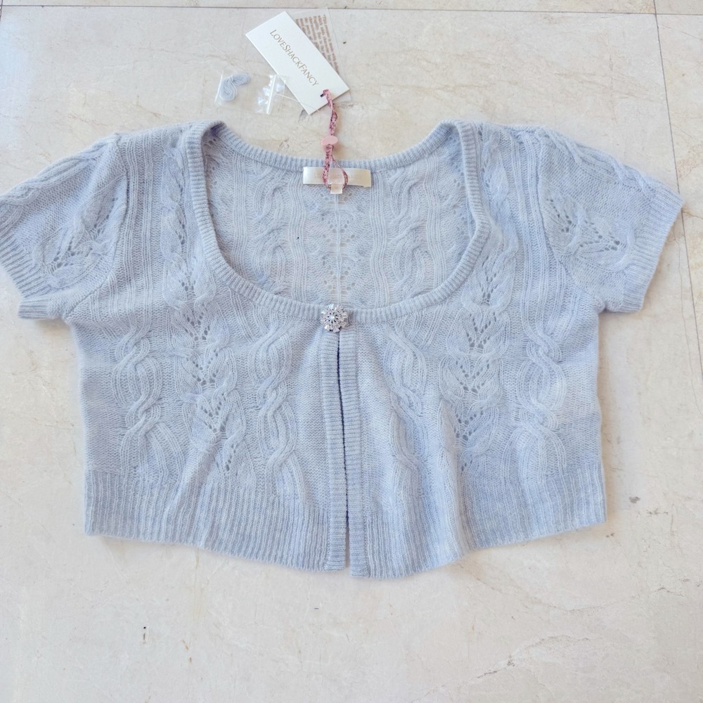 LoveShackFancy Elba cardigan wool cashmere baby blue size M - Picture 6 of 16